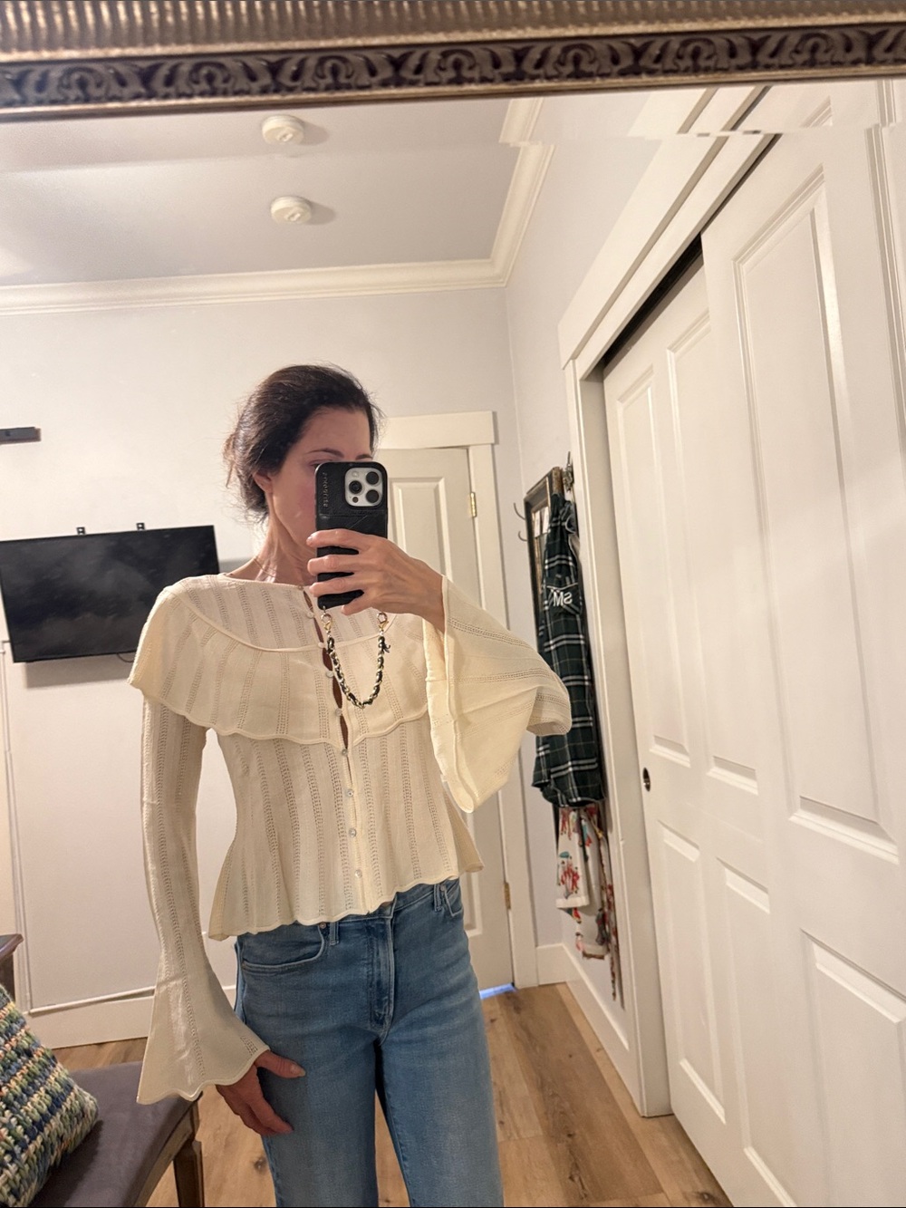 NWT Boutique Crochet Ruffle-Trim Cream Button-Front Top
